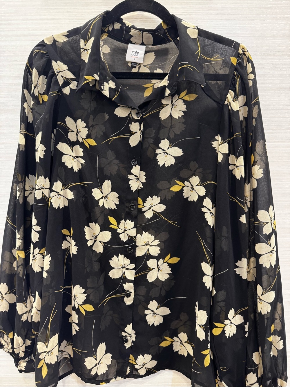 CAbi Black Floral Button-Down Sheer Blouse size Large